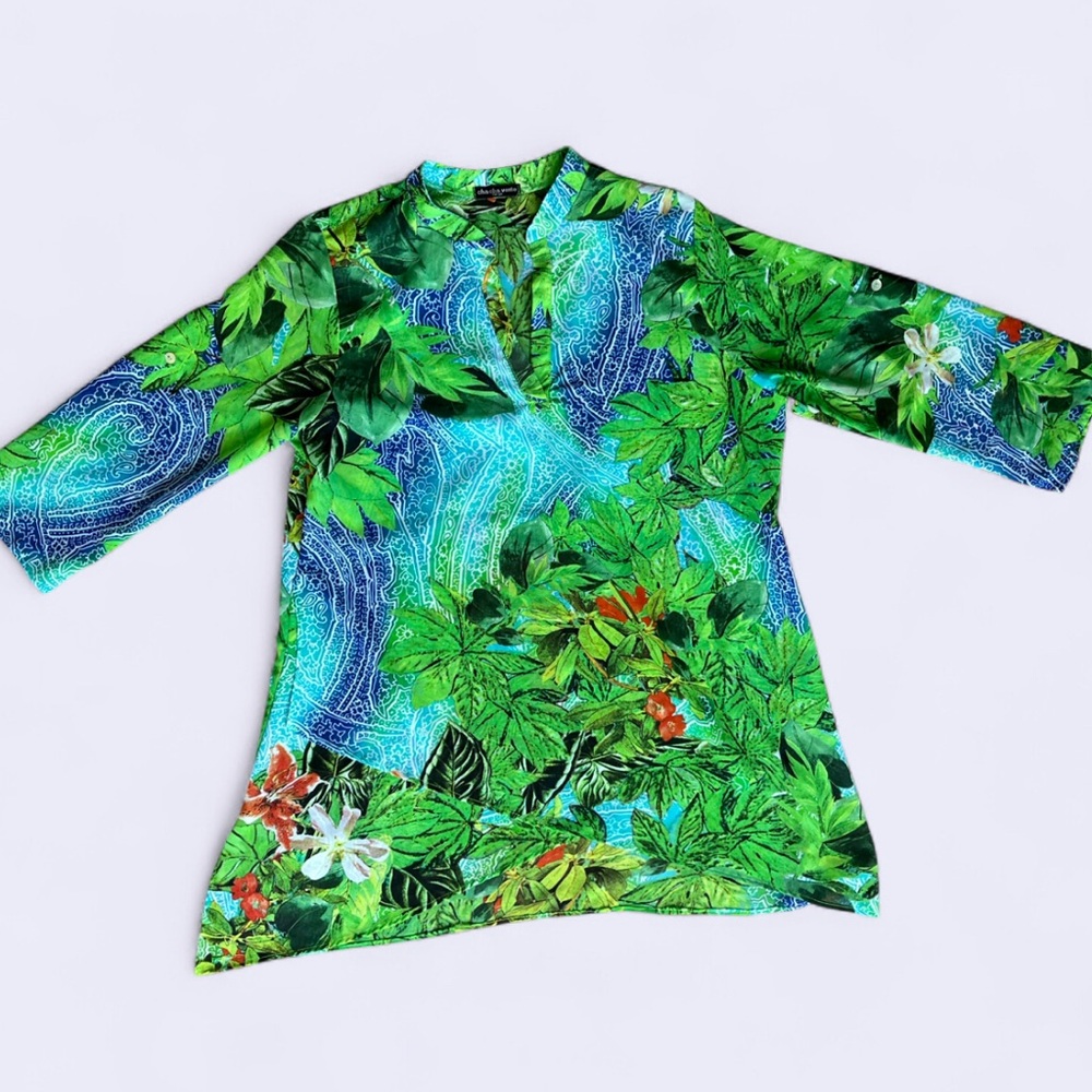 Cha Cha Vente Green and Blue Patterned Sheer Blouse